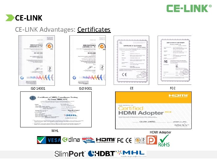 CE‐LINK CE-LINK Advantages: Certificates ISO 14001 ISO 9001 MHL CE FCC HDMI Adopter 