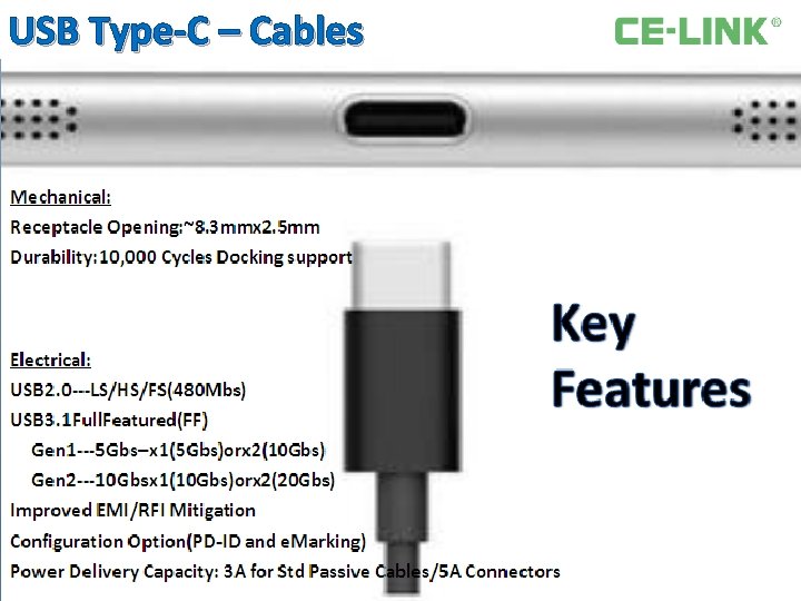USB Type‐C – Cables Mechanical: Receptacle Opening: ~8. 3 mmx 2. 5 mm Durability: