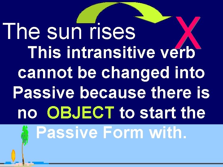 The sun rises This intransitive verb cannot be changed into Passive because there is