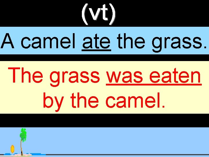 A camel ate the grass. The grass was eaten by the camel. 