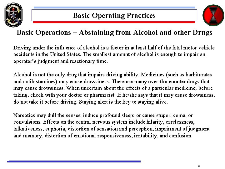Basic Operating Practices Basic Operations – Abstaining from Alcohol and other Drugs Driving under