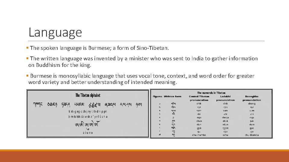Language § The spoken language is Burmese; a form of Sino-Tibetan. § The written