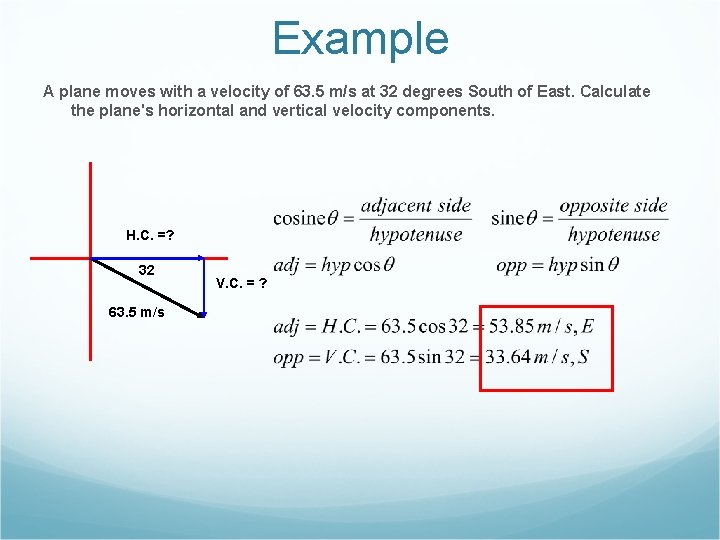 Example A plane moves with a velocity of 63. 5 m/s at 32 degrees