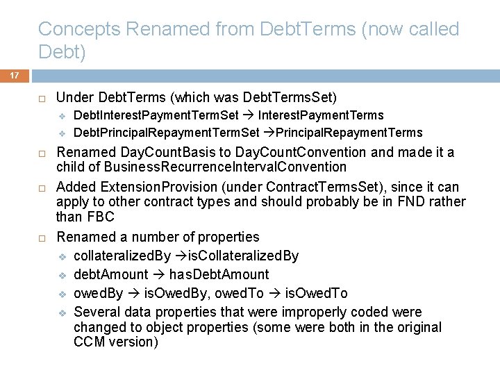 Concepts Renamed from Debt. Terms (now called Debt) 17 Under Debt. Terms (which was