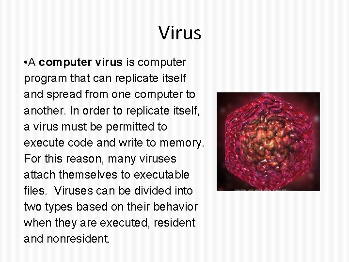 Virus • A computer virus is computer program that can replicate itself and spread