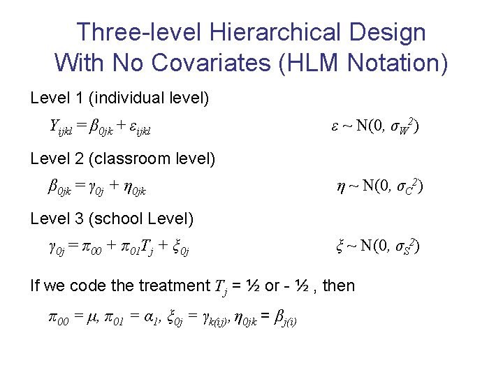 Three-level Hierarchical Design With No Covariates (HLM Notation) Level 1 (individual level) Yijkl =