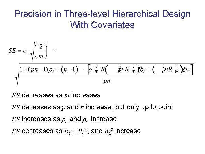 Precision in Three-level Hierarchical Design With Covariates SE decreases as m increases SE deceases