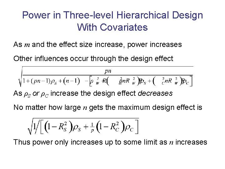 Power in Three-level Hierarchical Design With Covariates As m and the effect size increase,