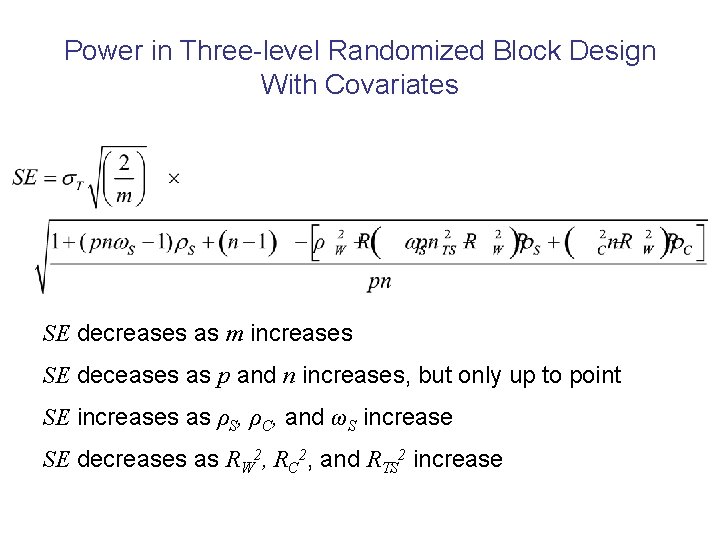 Power in Three-level Randomized Block Design With Covariates SE decreases as m increases SE