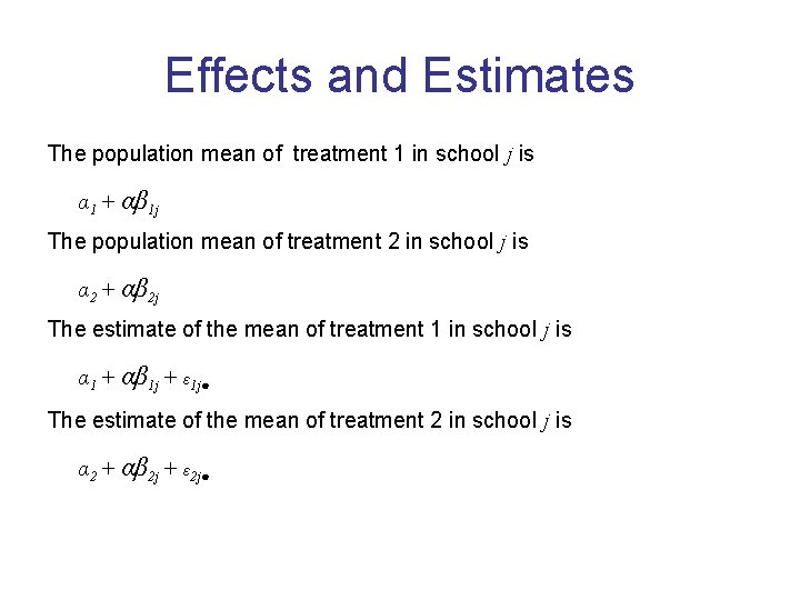 Effects and Estimates The population mean of treatment 1 in school j is α