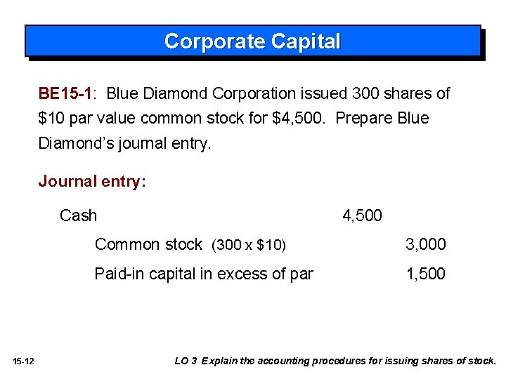 Corporate Capital BE 15 -1: Blue Diamond Corporation issued 300 shares of $10 par