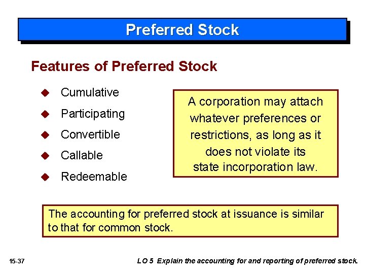 Preferred Stock Features of Preferred Stock u Cumulative u Participating u Convertible u Callable