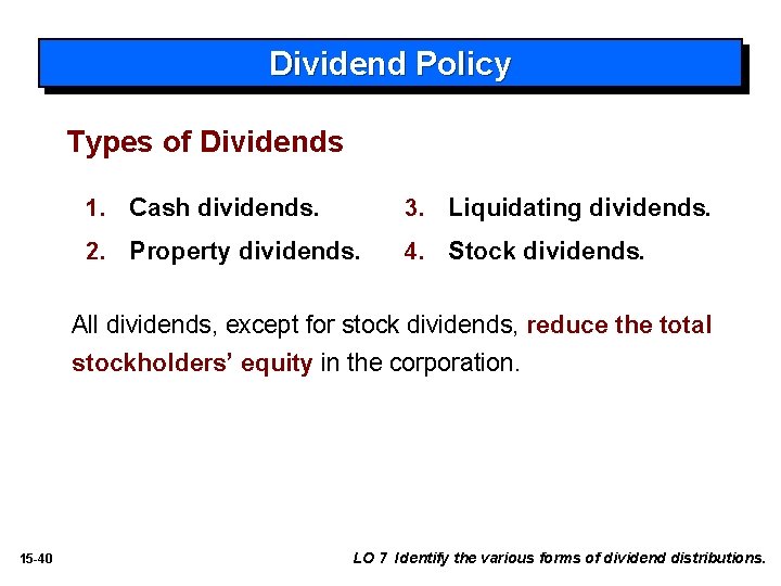 Dividend Policy Types of Dividends 1. Cash dividends. 3. Liquidating dividends. 2. Property dividends.