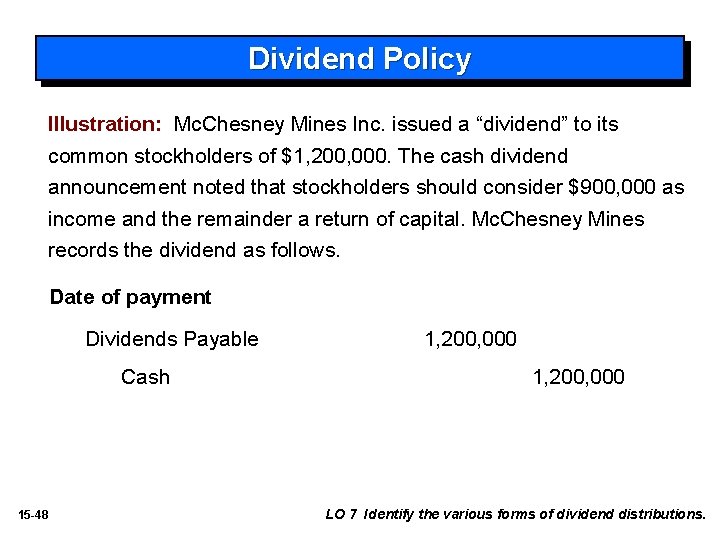 Dividend Policy Illustration: Mc. Chesney Mines Inc. issued a “dividend” to its common stockholders