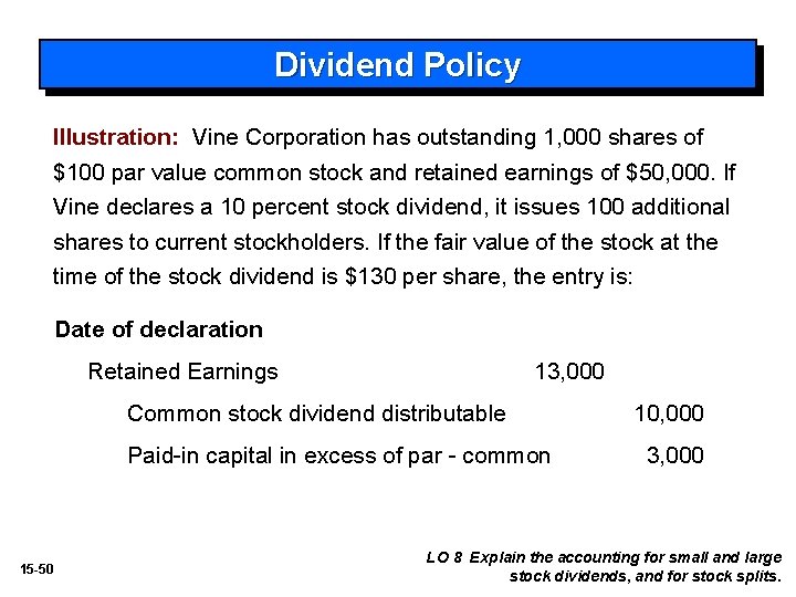 Dividend Policy Illustration: Vine Corporation has outstanding 1, 000 shares of $100 par value