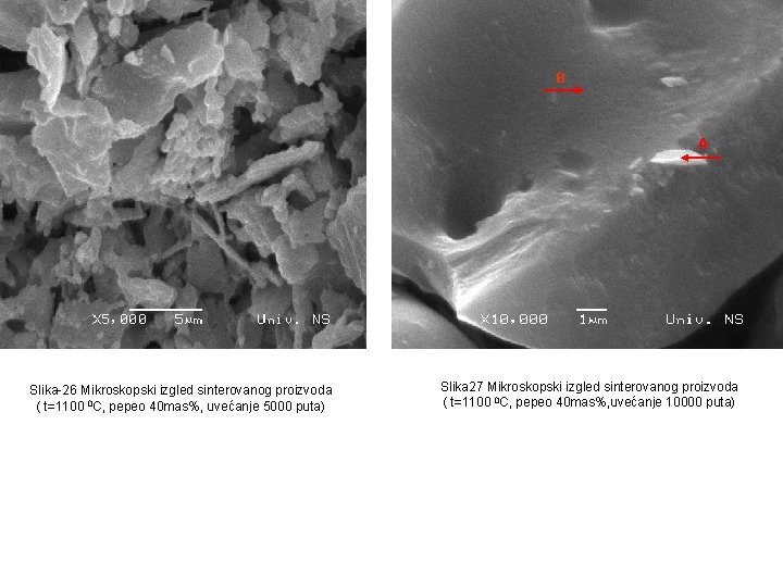 B A Slika-26 Mikroskopski izgled sinterovanog proizvoda ( t=1100 0 C, pepeo 40 mas%,