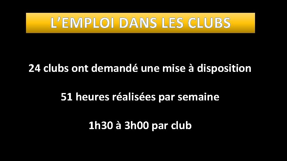 L’EMPLOI DANS LES CLUBS 24 clubs ont demandé une mise à disposition 51 heures