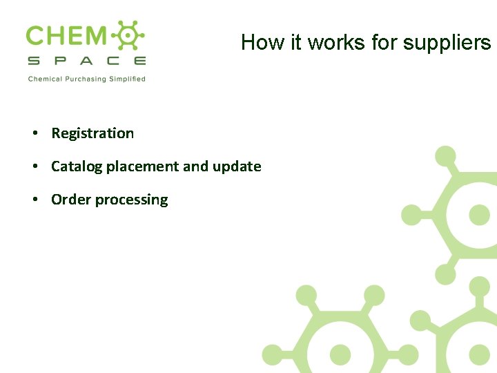How it works for suppliers • Registration • Catalog placement and update • Order