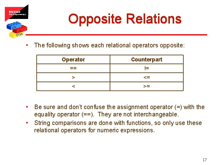 Opposite Relations • The following shows each relational operators opposite: Operator Counterpart == !=