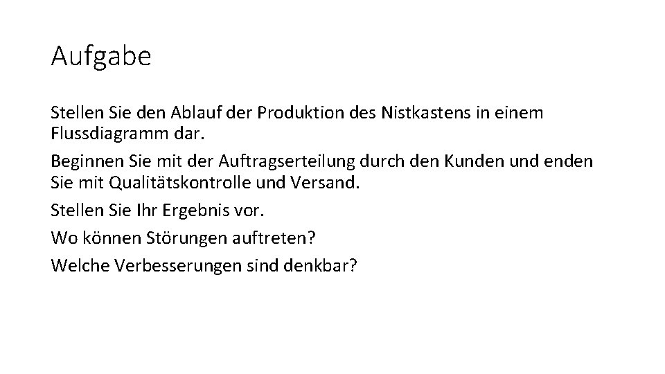 Aufgabe Stellen Sie den Ablauf der Produktion des Nistkastens in einem Flussdiagramm dar. Beginnen