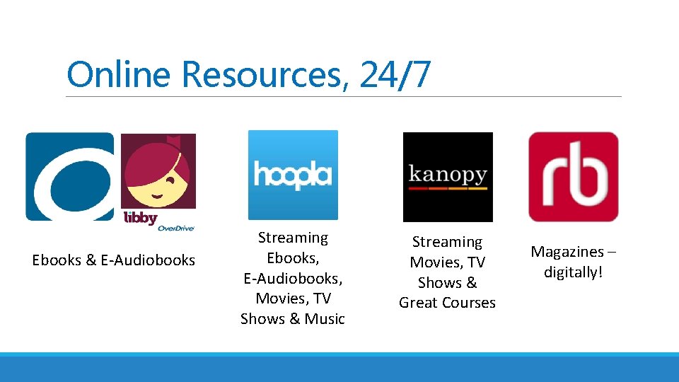 Online Resources, 24/7 Ebooks & E-Audiobooks Streaming Ebooks, E-Audiobooks, Movies, TV Shows & Music