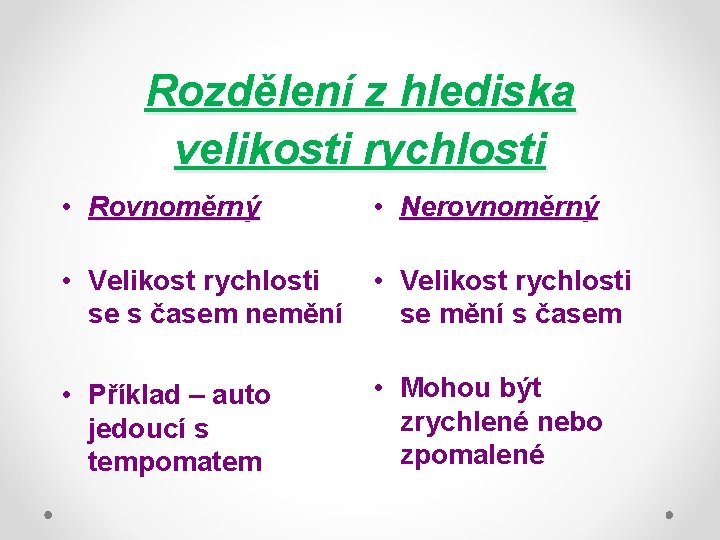 Rozdělení z hlediska velikosti rychlosti • Rovnoměrný • Nerovnoměrný • Velikost rychlosti se s