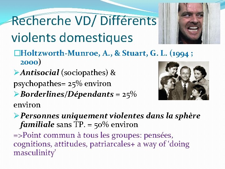 Recherche VD/ Différents violents domestiques �Holtzworth-Munroe, A. , & Stuart, G. L. (1994 ;