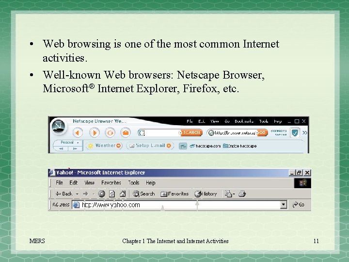  • Web browsing is one of the most common Internet activities. • Well-known