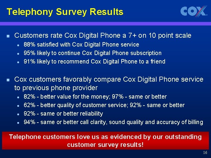 Telephony Survey Results n Customers rate Cox Digital Phone a 7+ on 10 point
