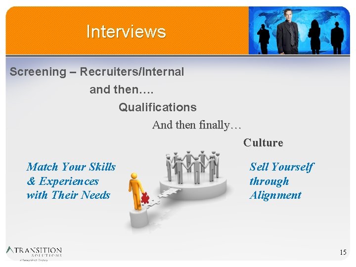 Interviews Screening – Recruiters/Internal and then…. Qualifications And then finally… Culture Match Your Skills