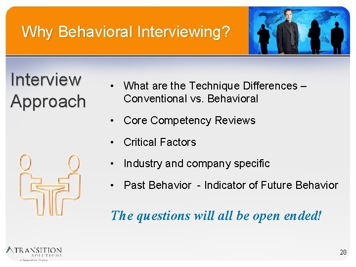 Why Behavioral Interviewing? Interview Approach • What are the Technique Differences – Conventional vs.