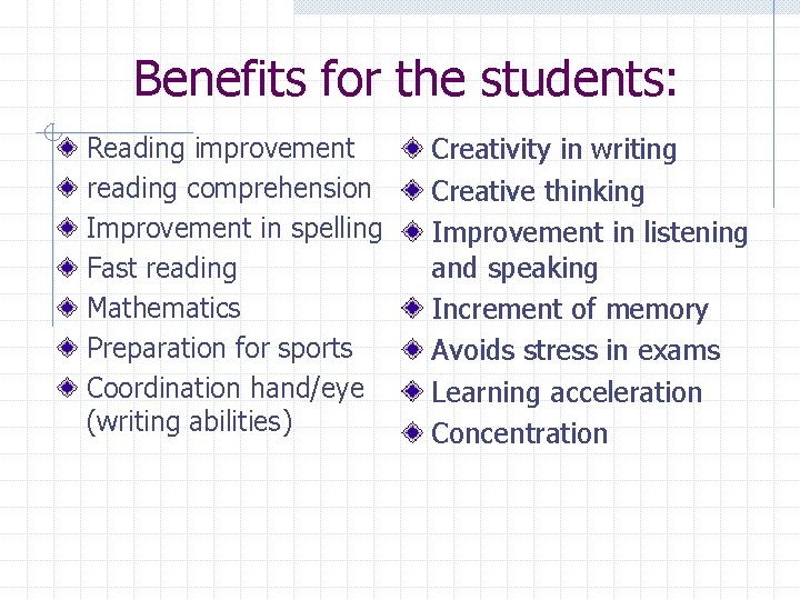 Benefits for the students: Reading improvement reading comprehension Improvement in spelling Fast reading Mathematics