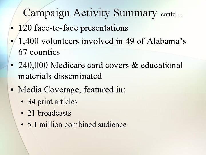 Campaign Activity Summary contd… • 120 face-to-face presentations • 1, 400 volunteers involved in