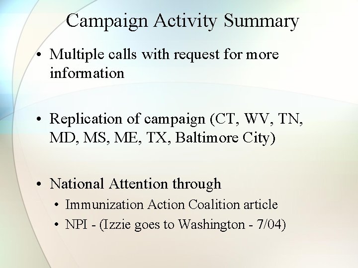 Campaign Activity Summary • Multiple calls with request for more information • Replication of
