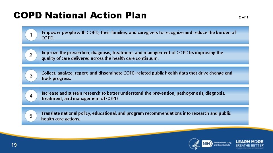 COPD National Action Plan Empower people with COPD, their families, and caregivers to recognize