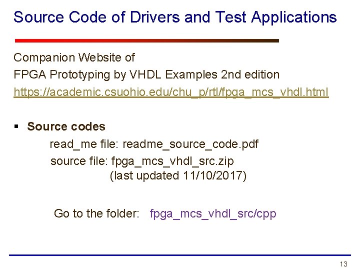 Source Code of Drivers and Test Applications Companion Website of FPGA Prototyping by VHDL