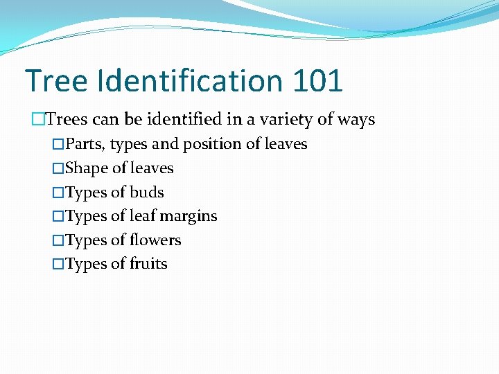 Tree Identification 101 �Trees can be identified in a variety of ways �Parts, types