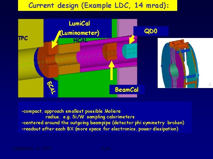 Current design (Example LDC, 14 mrad): Lumi. Cal QD 0 (Luminometer) TPC HCAL EC