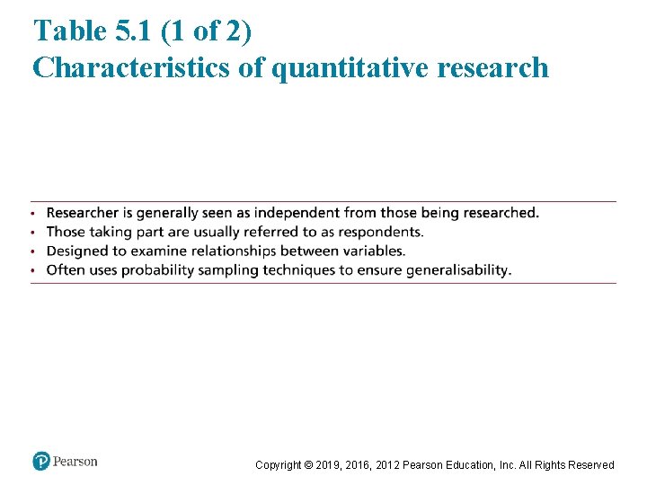 Table 5. 1 (1 of 2) Characteristics of quantitative research Copyright © 2019, 2016,