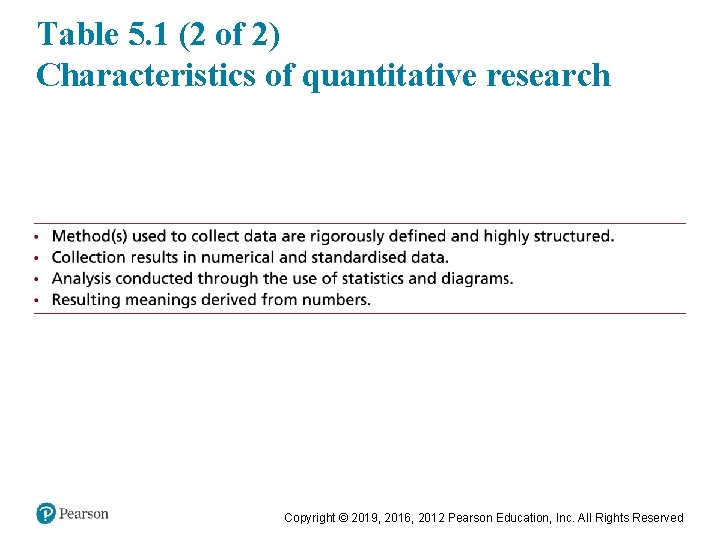 Table 5. 1 (2 of 2) Characteristics of quantitative research Copyright © 2019, 2016,