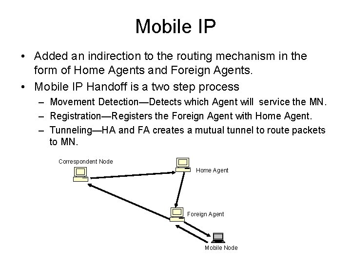 Mobile IP • Added an indirection to the routing mechanism in the form of