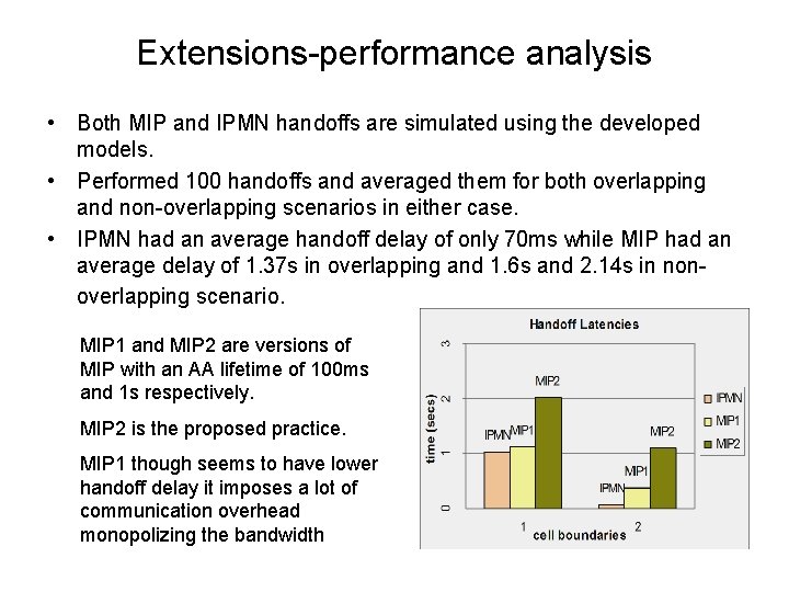 Extensions-performance analysis • Both MIP and IPMN handoffs are simulated using the developed models.