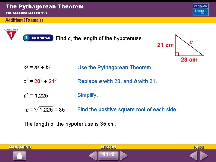 The Pythagorean Theorem PRE-ALGEBRA LESSON 11 -2 Find c, the length of the hypotenuse.