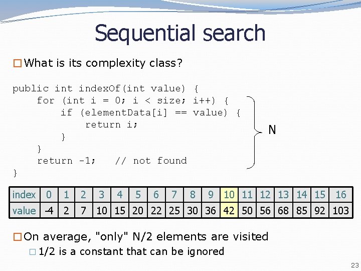 Sequential search �What is its complexity class? public int index. Of(int value) { for Sequential search �What is its complexity class? public int index. Of(int value) { for