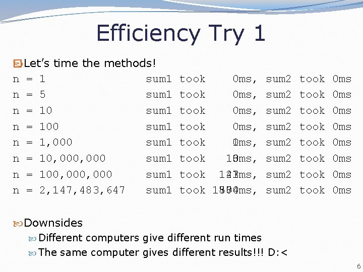 Efficiency Try 1 �Let’s time the methods! n = 1 sum 1 n = Efficiency Try 1 �Let’s time the methods! n = 1 sum 1 n =