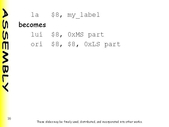 la $8, my_label becomes lui $8, 0 x. MS part ori $8, 0 x.