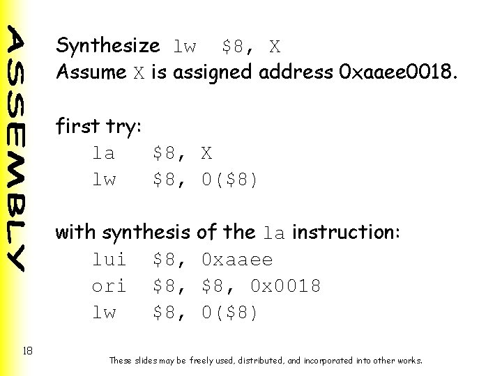 Synthesize lw $8, X Assume X is assigned address 0 xaaee 0018. first try: