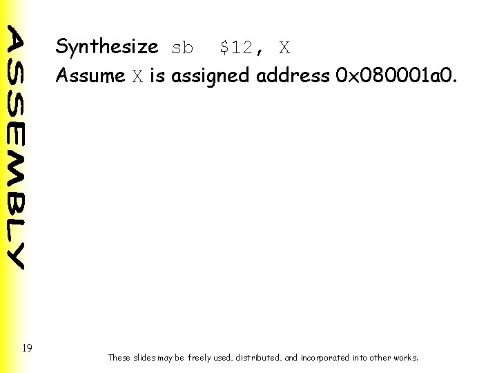 Synthesize sb $12, X Assume X is assigned address 0 x 080001 a 0.