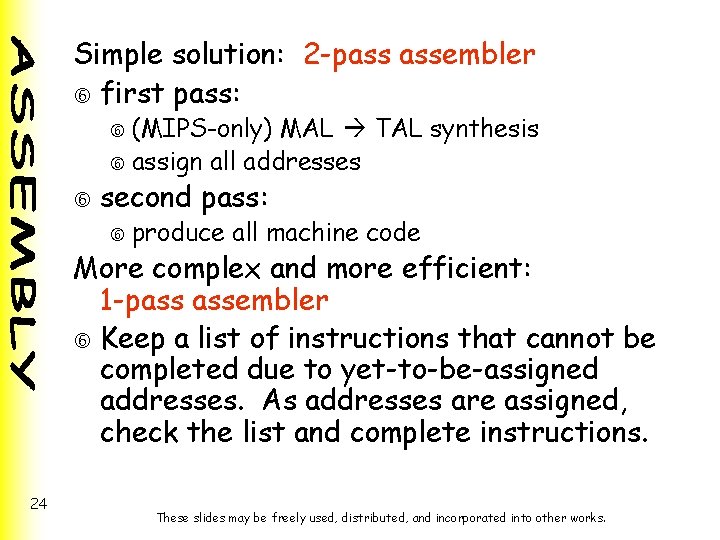 Simple solution: 2 -pass assembler first pass: (MIPS-only) MAL TAL synthesis assign all addresses Simple solution: 2 -pass assembler first pass: (MIPS-only) MAL TAL synthesis assign all addresses