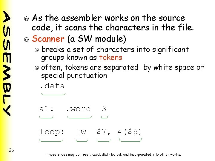 As the assembler works on the source code, it scans the characters in the As the assembler works on the source code, it scans the characters in the